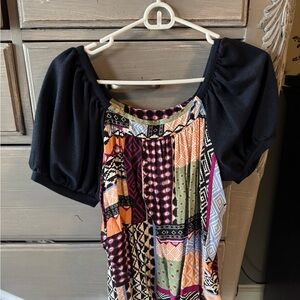 Maeve Black and Orange Ruched Cap Sleeve Blouse